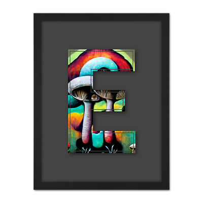 Letter E Multicoloured Trippy Mushrooms Graffiti Initial Framed Art Print 18X24''