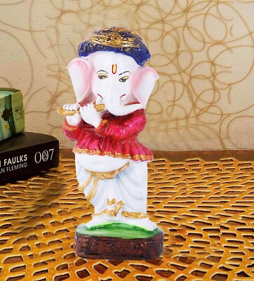Resin And Marble Dust Ganesha Idol Playing Flute Figurine Statue For Home Decor