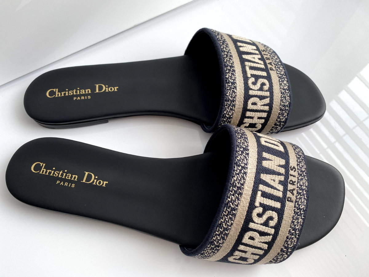 $775 Christian Dior DWAY NAVY BLUE FABRIC LEATHER Slides SANDALS