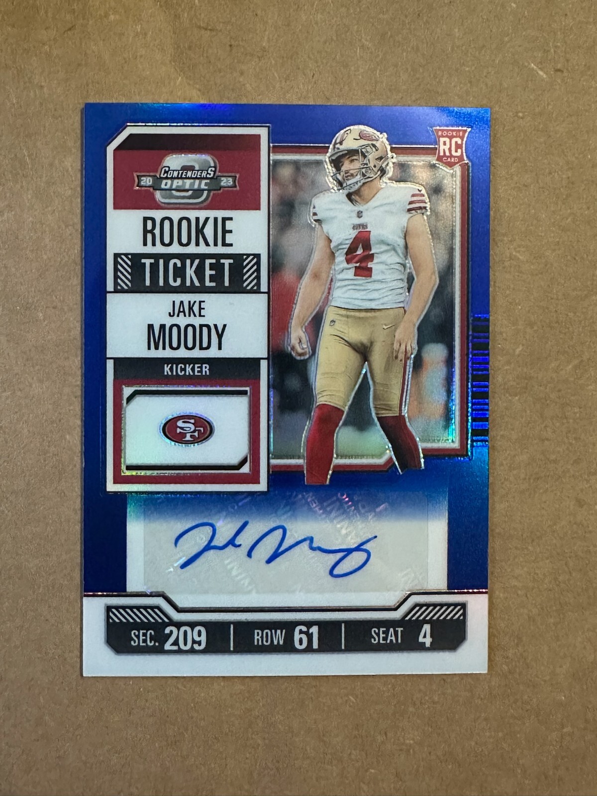 2023 Panini Contenders Optic Rookie Ticket Jake Moody Blue Auto RC #/75 49ers