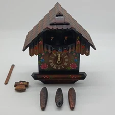 Vintage Hand-Painted Wooden German Cuckoo Clock w/ Weights Pendulum Black Forest