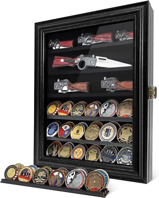 Knife Display Case Cabinet 12+ Wood Pocket Knives Holder Wall Black Shadow Box