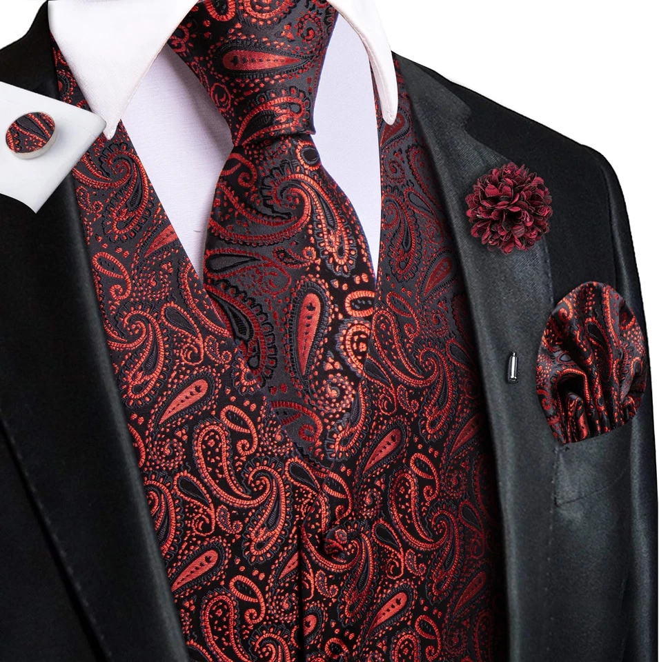 Hi-Tie Men'S Suit Vest and Tie Set Formal Waistcoat V-Neck Paisley Vest and Tie  - Image 3 of 4