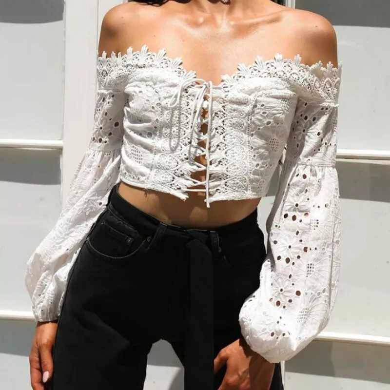 Lady Floral Lace Crop Top Hollow Out Off Shoulder Puff Sleeve Crochet T  Shirt