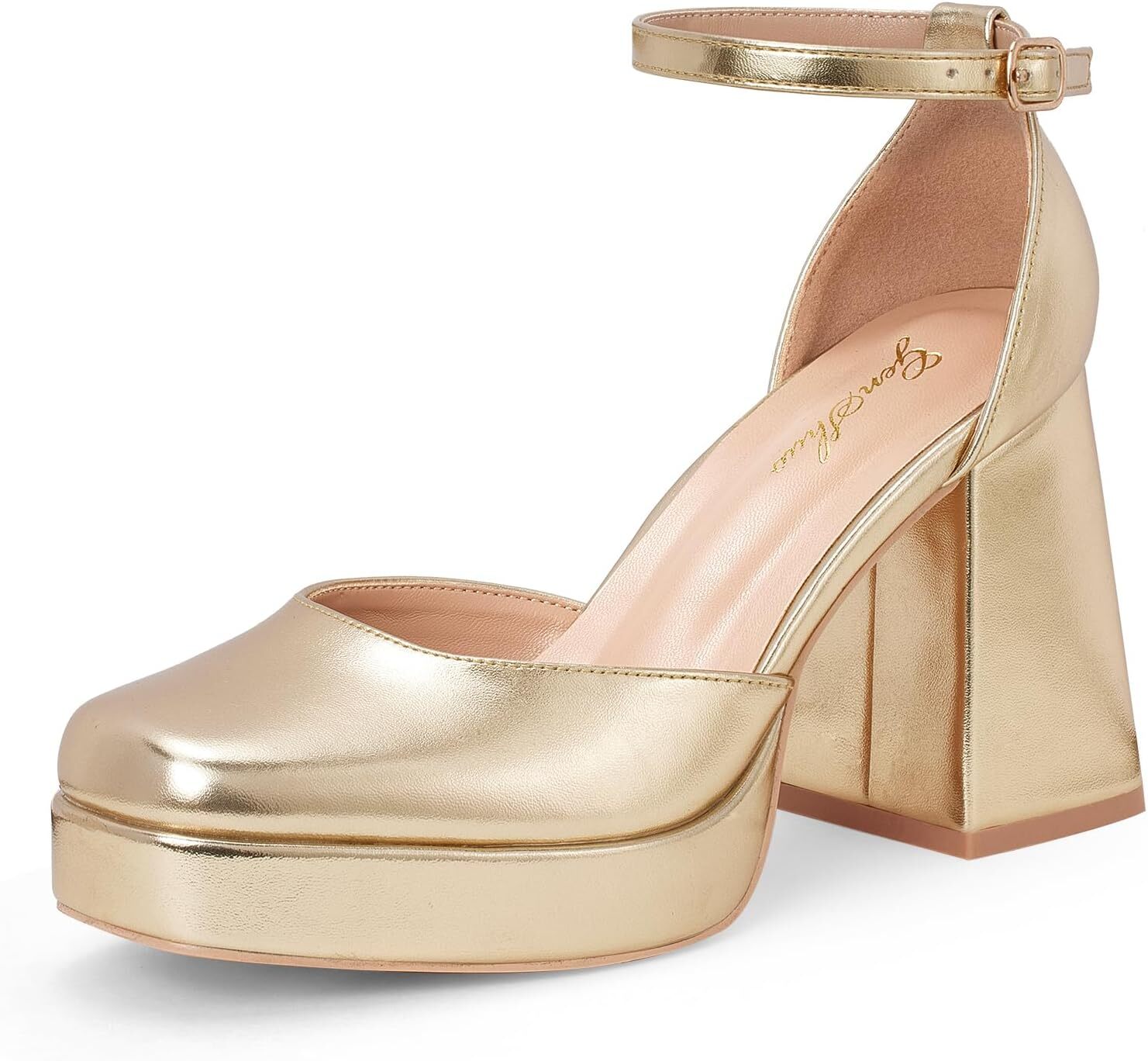 GENSHUO Women's Platform Chunky Heel Pumps 4 Inches Closed Square Toe