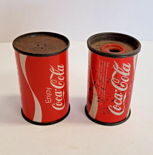 Vintage Coca Cola Can Salt and Pepper Shakers 2 1/2 inches Metal