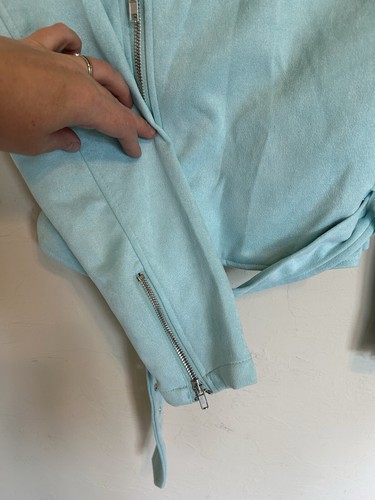 Stoosh Moto Jacket Faux Suede Baby Blue L Pastel Indie Sleaze Biker Zip - Picture 2 of 7