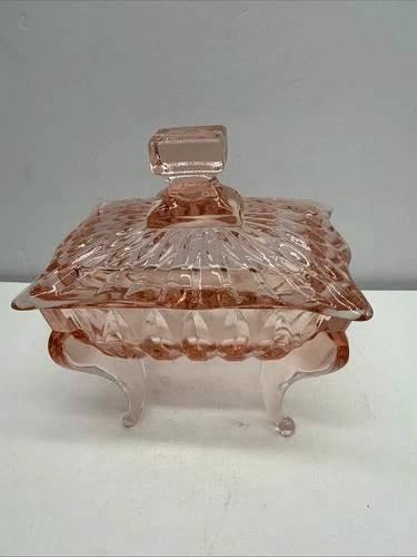 Vintage Pink Depression Glass Candy Or Trinket Dish Trinket Box 5” x 3.5” x 5”
