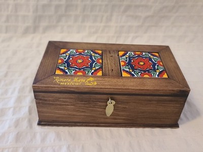 El Viejo Arte Riviera Maya Mexico Wooden Trinket Box Talavera Tile Inlay Brown