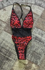 Rot schwarzer Leoparden Look Damen Badeanzug