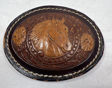 Vintage Hand Tooled Stitched Horse Head Floral Design Leather Belt Buckle