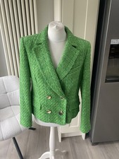 ZARA APPLE GREEN TEXTURED BOUCLE TWEED BLAZER JACKET SIZE XL LARGE 12 14 GOLD