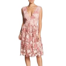 DRESS THE POPULATION BHLDN Rita Floral Lace Plunge Midi Dress Pink Rose EUC XS