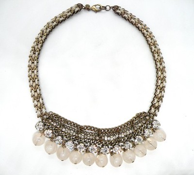 Vintage Loft Signed Acrylic Beaded Fringe Cord Braided Chunky Gold Tone Necklace