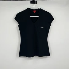 Womens Guess Black Marie Polo Pocket Tee Shirt S Y2K Style Embroidered Logo