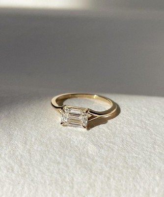 1.06 CT Emerald Cut CZ Stone 925 Silver Solitaire Engagement Split Shank Ring