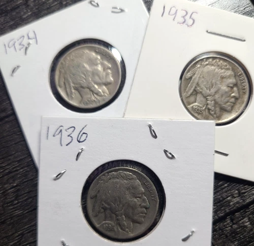 BUFFALO Indian Head Nickel lot (3) Coins 1934, 1935, 1936 - Native American Lot