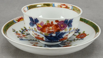 Meissen Hand Painted Tischchenmuster Green Border Tea Bowl & Saucer C.1733-1774