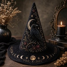 Quilted Witch Hat Halloween Decor, Gothic Raven Moon Phase Halloween Costume