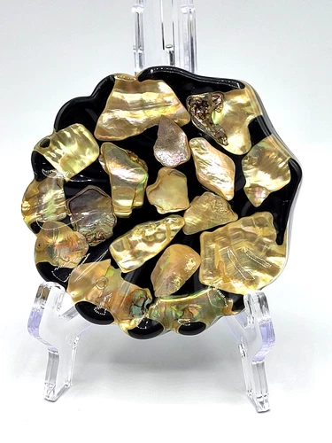 VTG 70s USA Abalone Shell Inlaid Black Lucite Soap/ Trinket Dish Scalloped Edge - product listing photo