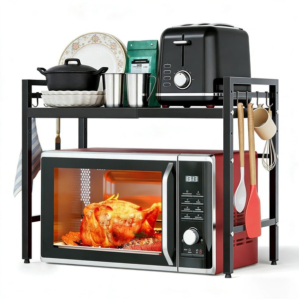 Mikrowellenregal KüChe Kohlenstoffstahl Verstellbar Stabil Schwarz 40-64 Cm-image