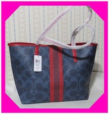 COACH SIGNATURE CITY Canvas NAVY Blue RED LARGE Tote Handbag Nwtag 398
