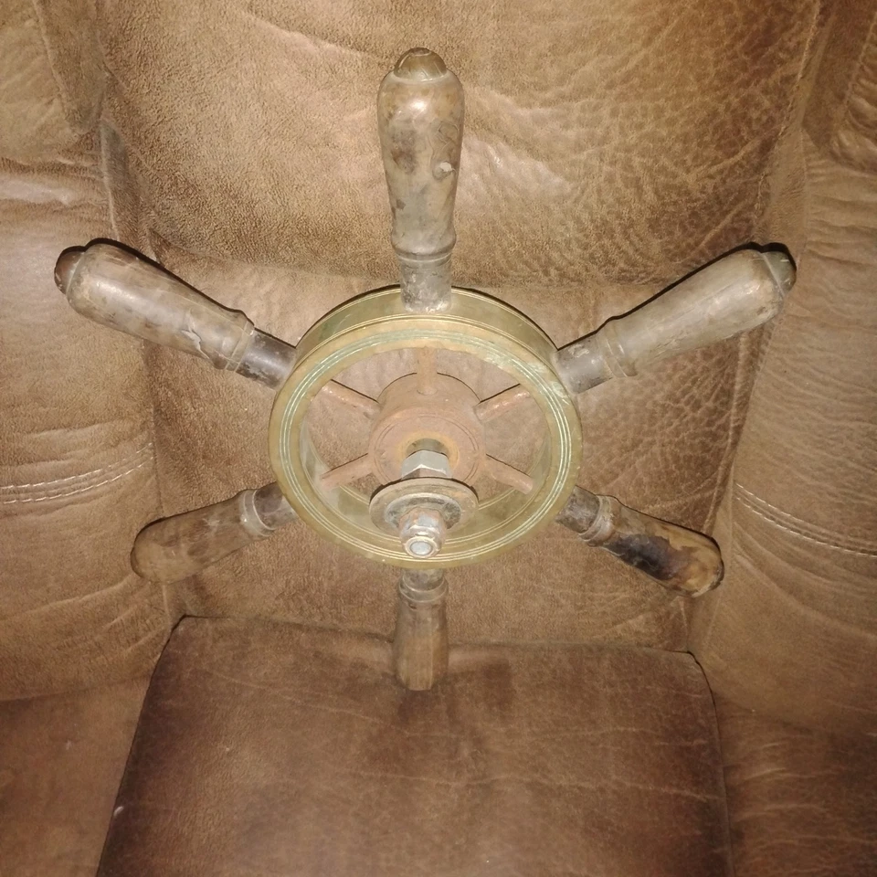 Authentic Antique Solid Brass Ship Wheel w/ 6 Spoke Wooden Handles - Image 4 of 4