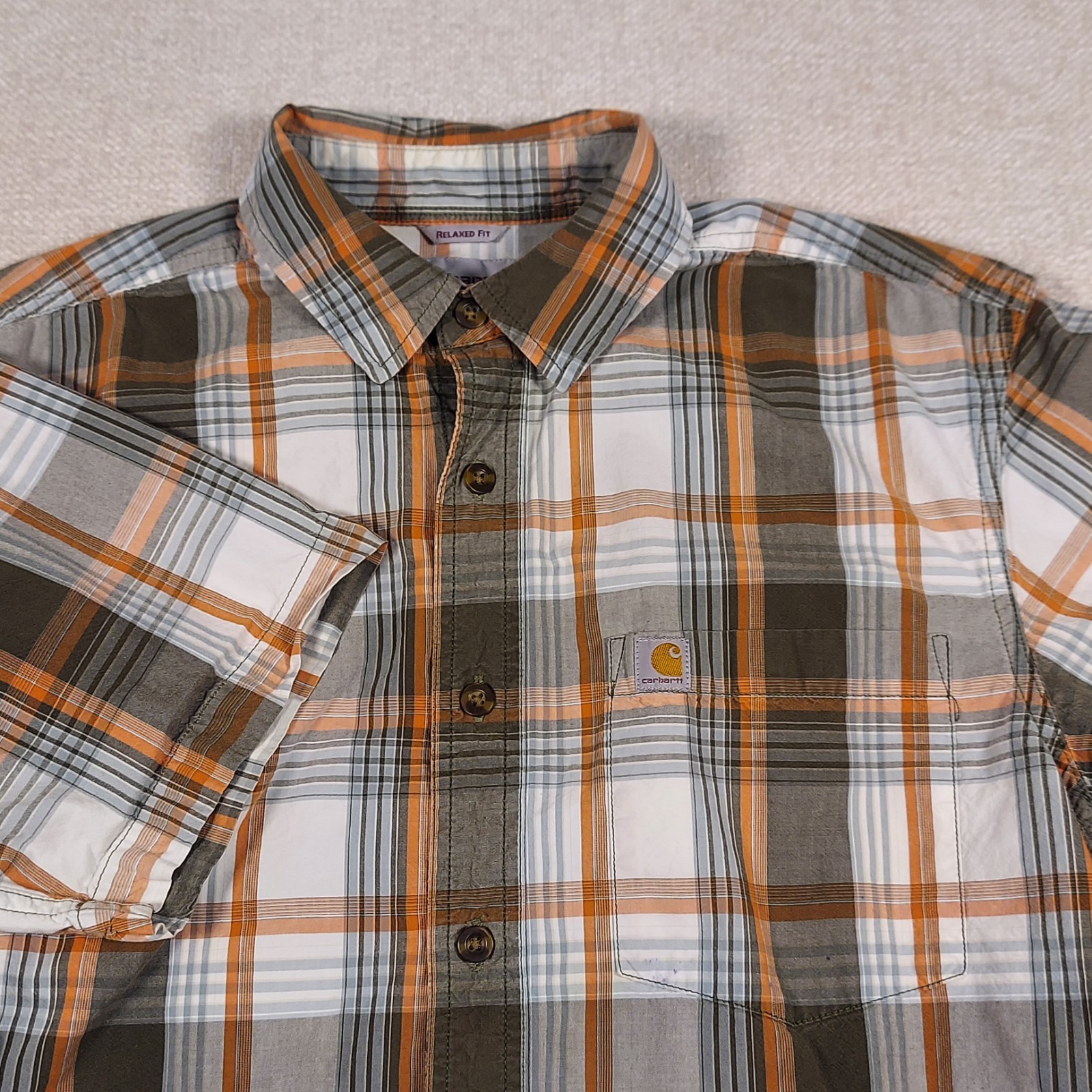 Men's Carhartt Button Up Shirt Plaid Cotton Short Sleeve Relaxed Fit