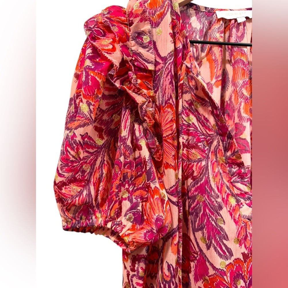 Boutique Pink Fuchsia Metallic Floral Print Ruffled Puff Short Sleeve Blouse- S