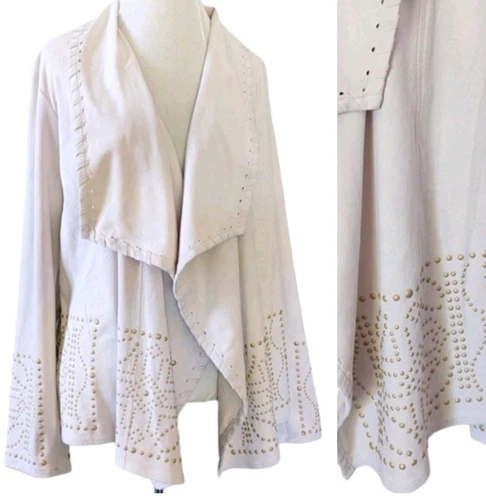 OFF WHITE Cardigan con borchie Coldwa Creek giacca aperta PL ecopelle scamosciata cascata bianco sporco