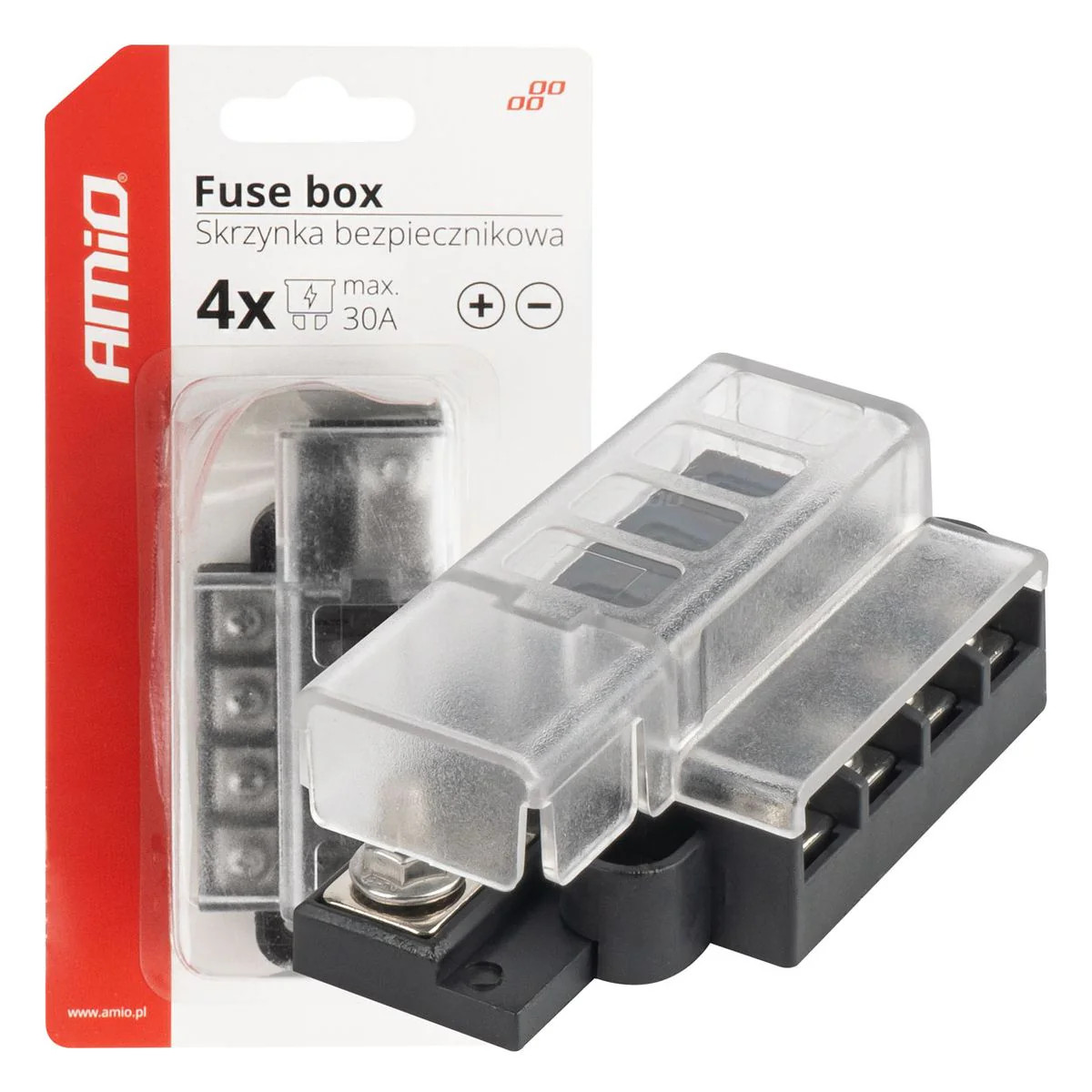 Boîte à fusibles 4 emplacements AMIO en plastique noir pour circuit électrique auto