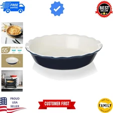 Navy 10-Inch Ceramic Pie Pan - Non-Stick Wave Edge Baking Dish for Easy Baking