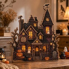 Personalized Halloween Haunted House Wooden Block, Gothic Spooky House Decor