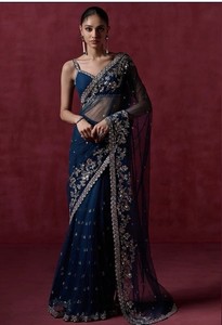 Women's Blue Net Saree Silver Embroidered Border Stitched w/ Blouse Choli