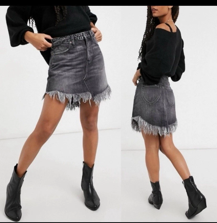 NWOT We the Free Bailey Maverick Denim Skirt Western Festival Frayed Rodeo 26