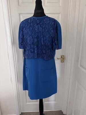 RARE Vintage LOUIS VUITTON Peacock Teal Blue Lace Cape Velvet Tie Dress UK 12-14