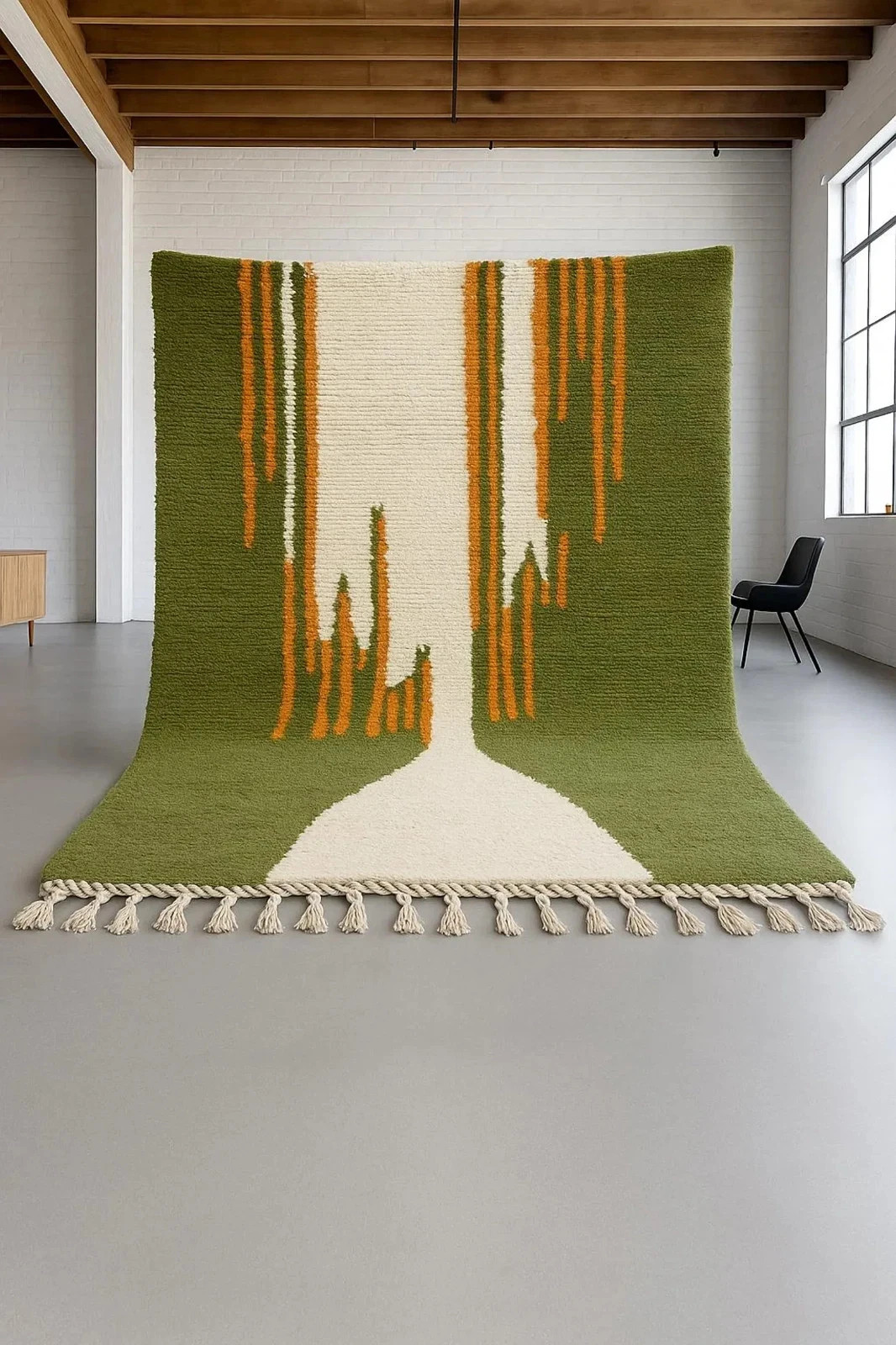 Handwoven Moroccan Berber Wool Rug Color Green & Orange Handmade Carpet Rug