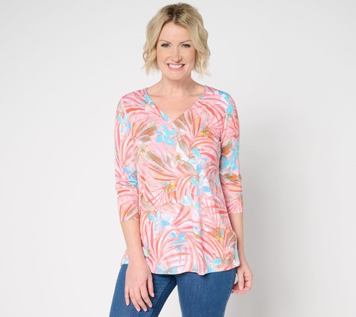 Quacker Factory Women's Top Sz XL Fantasia Printed V-Neck Multi-colored A681261