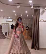 Pakistani Wedding Bridal Wear Heavy Malay Satin Silk Beige Lehenga Choli Dupatta