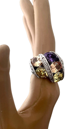Chunky Bold Yellow Purple Peach CZ Cubic Zirconia Statement Ring Size 8 - Picture 2 of 3