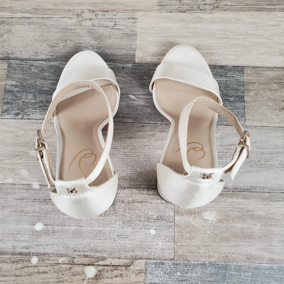 Sam Edelman Yaro Womens Sandal Sz 7.5 W Block Heel Pearl Ivory Satin Ankle Strap - Image 4 of 4