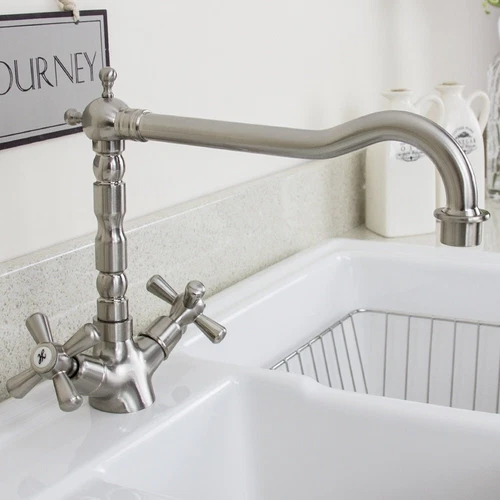 Astini Traditional Brushed Steel Twin Handle Kitchen Sink Mixer Tap 25411BS