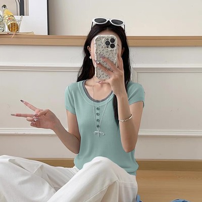 Women Casual Contrast Color Fake Two Piece Round Neck Short Sleeve Summer To _r1