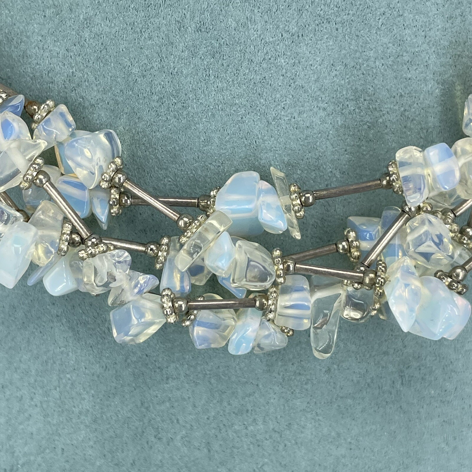 opalite chip necklace multi-layer silver plated b… - image 2