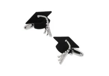 Graduation Cap Pair Cufflinks Wedding Groom Dad Fancy Gift Box & Polishing Cloth