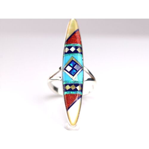 Southwestern Geometric Gemstone Inlay Finger Ring - Sterling Silver Fire Opal - Picture 1 of 6