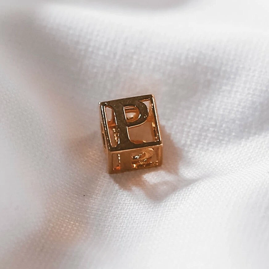 Letter P 9K Real Solid Gold Initial Pendant Cube Name Charm