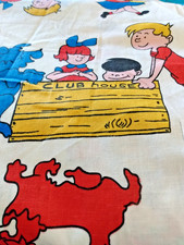 Vintage Cotton Fabric Kids Red Blue Dog Club House Lemonade Stand 1 yd NOS