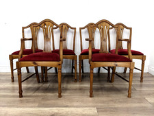 DINING CHAIRS  6 Pine Splat Back Red Velvet Seat 2 Carvers 4 Sides FREE DELIVERY