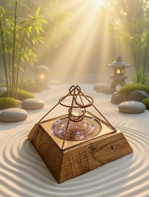 Kupfer Tensor Pyramide Sacred & Lost Cubit, Kristallladung, LED-Licht, Eichensockel